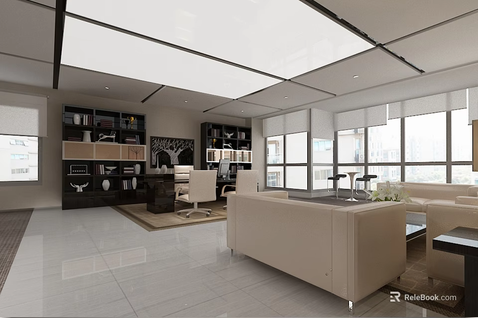 Modern Office Interior With Open Layout Sofa Bookshelves Desks And Large Windows 3d model 