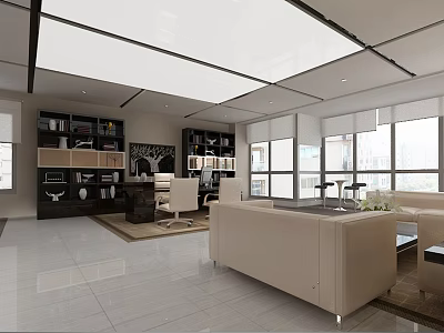 Modern Office Interior With Open Layout Sofa Bookshelves Desks And Large Windows 3d model