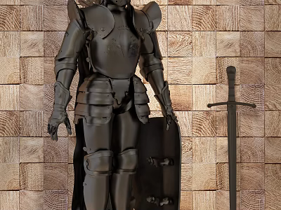Medieval Knight Armor With Steel Sword And Wooden Brick Wall Background 3d model