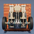 Industrial Equipment Featuring Dual Cylinders Metal Components Black Wheels And Wooden Structure Background