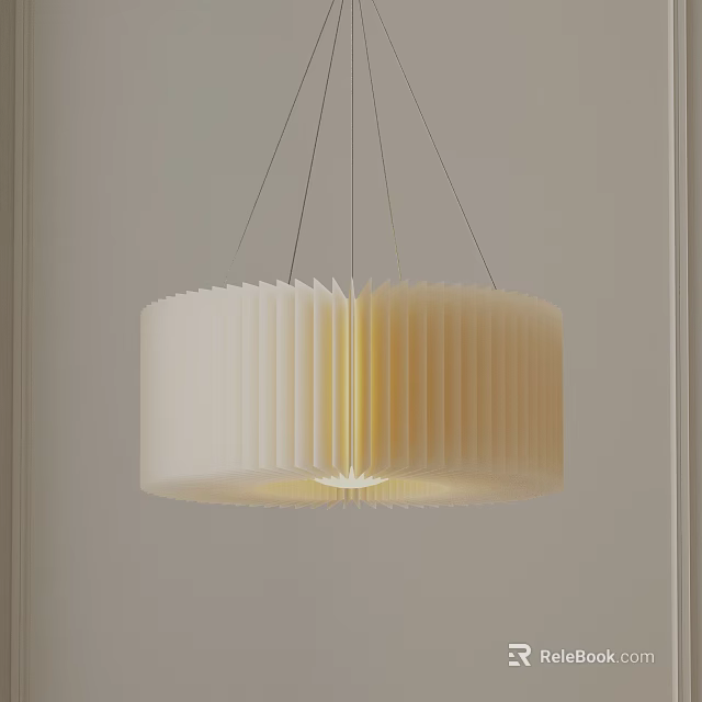 White Pleated Paper Chandelier with Warm Glow Hanging Against Neutral Wall 3d model 