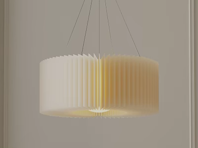 White Pleated Paper Chandelier with Warm Glow Hanging Against Neutral Wall 3d model