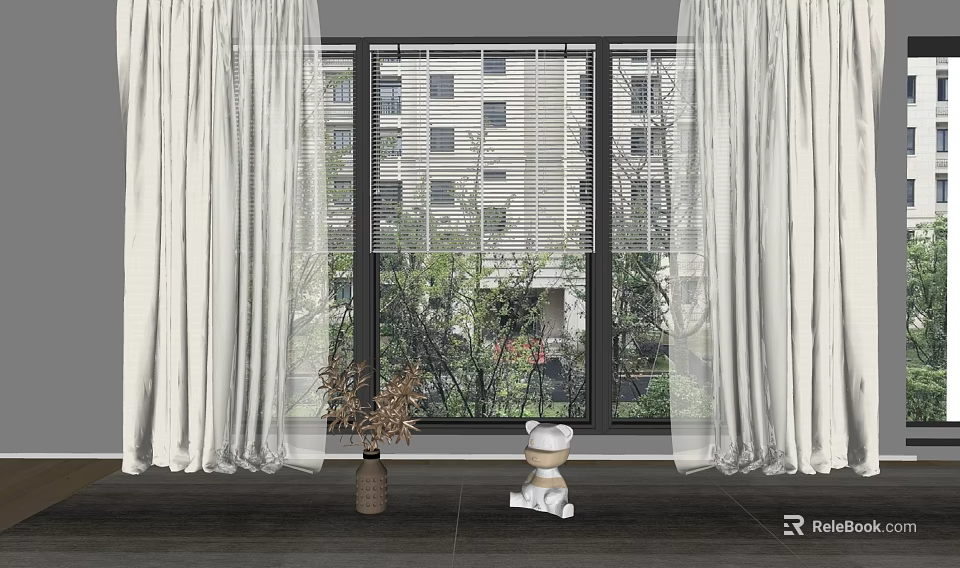 White Sheer Curtains by Window with Green Plants View in Modern Indoor Space 3d model 