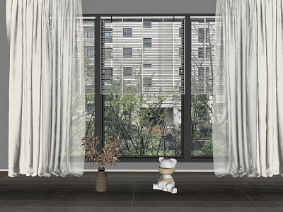 White Sheer Curtains by Window with Green Plants View in Modern Indoor Space 3d model
