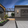 Chinese Style Feature Wall in Courtyard With Stone Paved Path Lanterns And Greenery