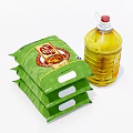 Bottle of Cooking Oil with Three Green Packaged Food Products on White Background