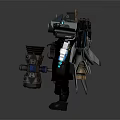 Mechanical Game Movie Character With Glowing Blue Lights Jetpack And Weapon Gear Design