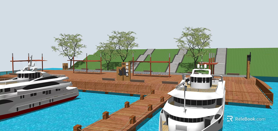 Scenic Marina Landscape Featuring White Yachts Wooden Deck Green Lawn Trees And Steps 3d model 