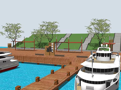 Scenic Marina Landscape Featuring White Yachts Wooden Deck Green Lawn Trees And Steps 3d model