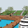 Scenic Marina Landscape Featuring White Yachts Wooden Deck Green Lawn Trees And Steps