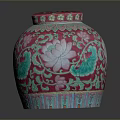 Pink Carved Ceramic Sculpture Vessel With Intricate Lotus Patterns And Green Decorations