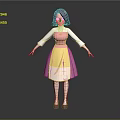 Cartoon Style Female Game Movie Character With Purple Hair Glasses Pink Top Yellow White Skirt