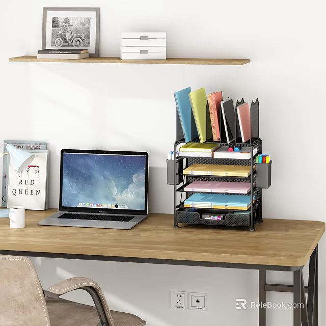 Organized Office Desk Setup With Laptop Multi Layer File Organizer Shelf And Coffee Cup 3d model
