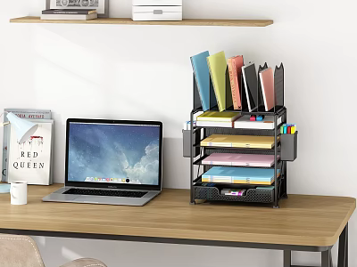 Organized Office Desk Setup With Laptop Multi Layer File Organizer Shelf And Coffee Cup 3d model