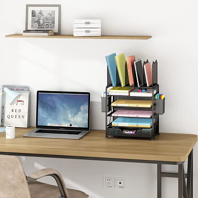 Organized Office Desk Setup With Laptop Multi Layer File Organizer Shelf And Coffee Cup 3d model