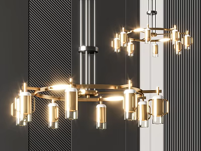 Modern Gold Circular Chandelier With Glass Shades And Striped Wall Background 3d model