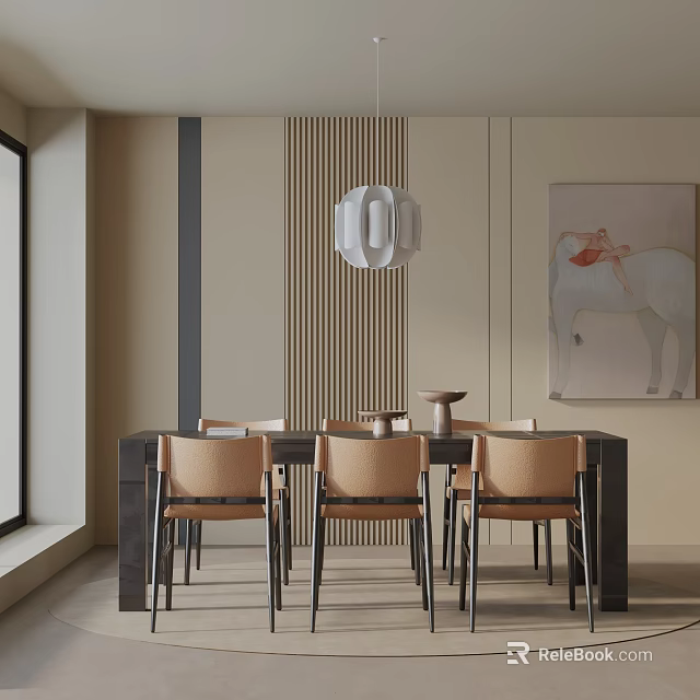 Modern Dining Table Set With Brown Upholstered Chairs White Pendant Light And Wall Artwork 3d model 