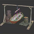 Vintage Wooden Boat Displayed Under Wooden Frame With Barrels And Pallets