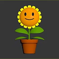 Yellow Sunflower with Smiling Face in Orange Pot and Green Leaves on Gray Background