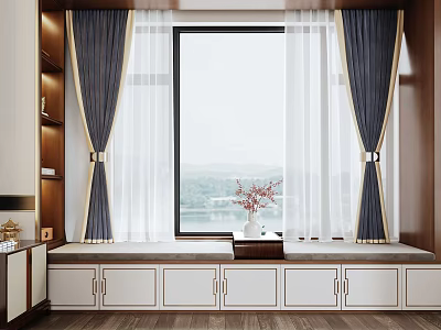 Elegant Bay Window Interior With Curtains Storage Cabinet Flower Vase And Wooden Floor 3d model