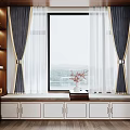 Elegant Bay Window Interior With Curtains Storage Cabinet Flower Vase And Wooden Floor
