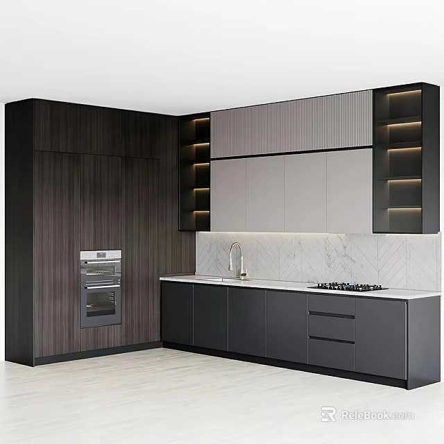 Modern Kitchen Interior With Black Gray Cabinets White Countertop Built-in Oven And Wooden Wall 3d model 