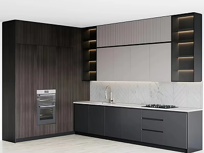 Modern Kitchen Interior With Black Gray Cabinets White Countertop Built-in Oven And Wooden Wall 3d model