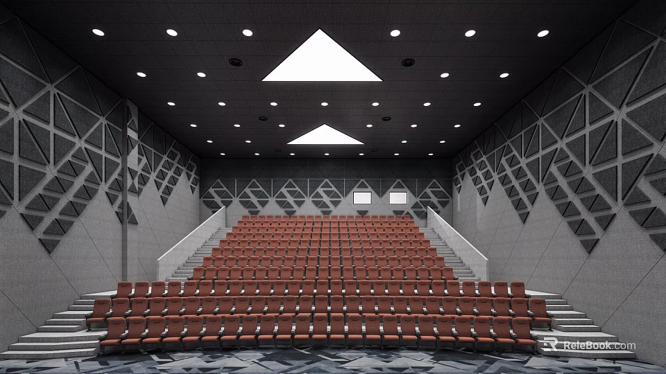 Modern Cinema Interior With Rows of Red Seats Triangular Skylight Ceiling And Geometric Wall Decor 3d model