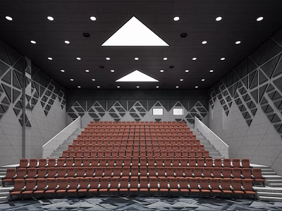 Modern Cinema Interior With Rows of Red Seats Triangular Skylight Ceiling And Geometric Wall Decor 3d model