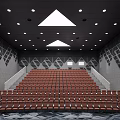 Modern Cinema Interior With Rows of Red Seats Triangular Skylight Ceiling And Geometric Wall Decor 3d model