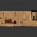 Cartoon Ancient Temple Interior Scene With Clay Walls Red Banners Green Carpet And Stone Altar