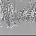 Tilted Silver Metal Poles In Gray Room With People Taking Photos And Standing