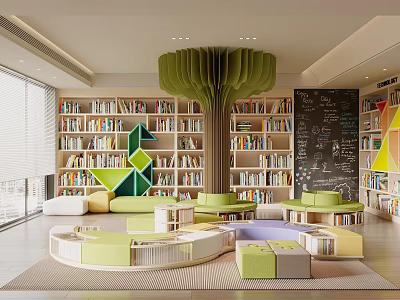 Book Art Creative Kids Reading Space with Colorful Bookshelves Tree Shaped Decor and Chalkboard Wall 3d model