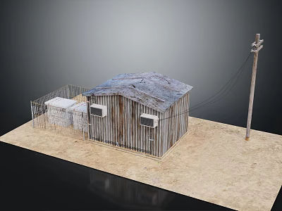 Rusted Wooden House With Blue Roof Metal Fence And Utility Pole On Sandy Ground 3d model