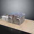 Rusted Wooden House With Blue Roof Metal Fence And Utility Pole On Sandy Ground
