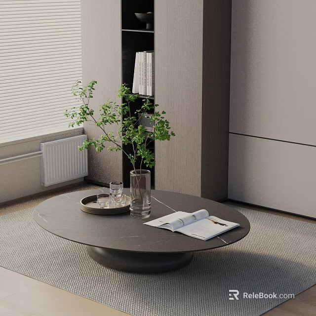 Modern Sofa and Coffee Table Set with Round Black Table Transparent Vase and Green Plants 3d model