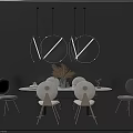 Modern Dining Table Set With Circular Pendant Lights Gray Chairs And Decorative Plant 3d model