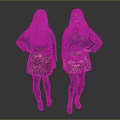 Woman With Long Hair Wearing Gray Sweater And Floral Skirt Front Back View