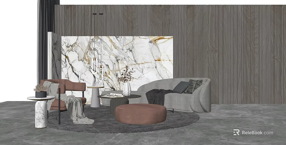 Modern Sofa Coffee Table Set With Grey Upholstery Round Table And Marble Wall Decor 3d model