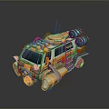 Futuristic Modified Vehicle With Orange Yellow Blue Details Mechanical Pipes And Antenna
