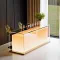 Illuminated Bar Counter With Glass Top Golden Glow Modern Accent Chairs Potted Plant And Dark Wooden Wall