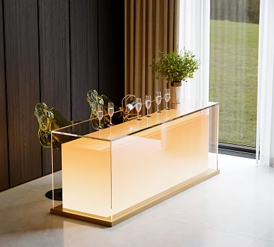 Illuminated Bar Counter With Glass Top Golden Glow Modern Accent Chairs Potted Plant And Dark Wooden Wall 3d model