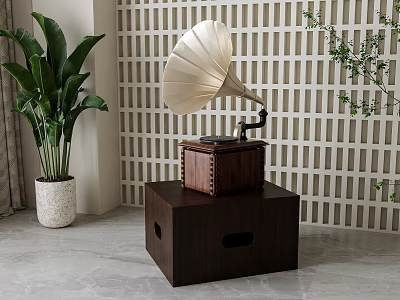 Classic Gramophone With Wooden Base Placed On Wooden Box Indoor Decor Green Plants Lattice Screen 3d model