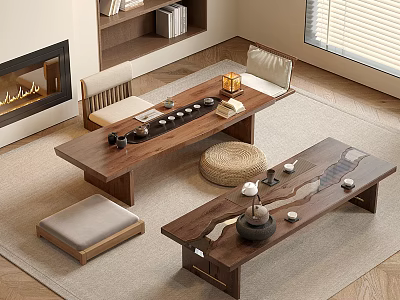 Modern Wooden Tea Table And Chairs With Tea Sets And Cushions In Cozy Living Space 3d model