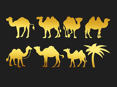 Golden Reptile Silhouettes With Various Species And Palm Plant On Black Background 3d model