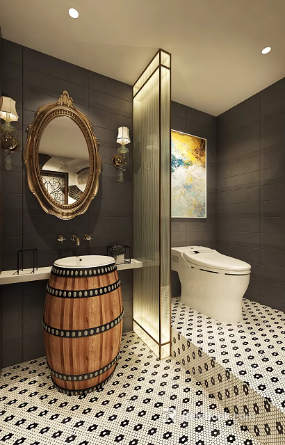 Elegant Retro Bathroom Interior With Ornate Golden Mirror Unique Wooden Barrel Sink And Smart Toilet 3d model 
