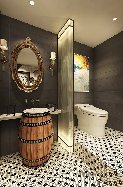 Elegant Retro Bathroom Interior With Ornate Golden Mirror Unique Wooden Barrel Sink And Smart Toilet 3d model