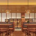 Warm Wooden Restaurant Interior With Hanging Glass Pendant Lights And Booth Seating