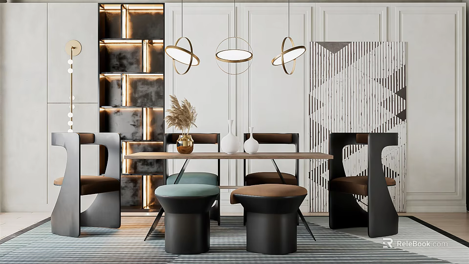 Modern Dining Table Set With Chairs Stools And Pendant Lights In Stylish Interior 3d model