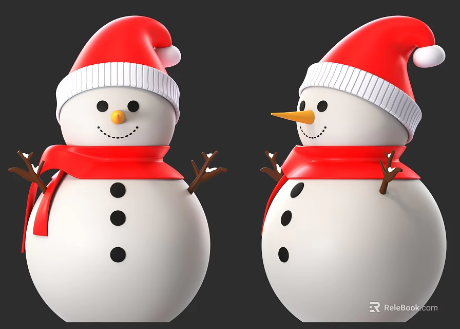 Festive Snowmen With Santa Hats Red Scarves And Twig Arms On Dark Background 3d model 